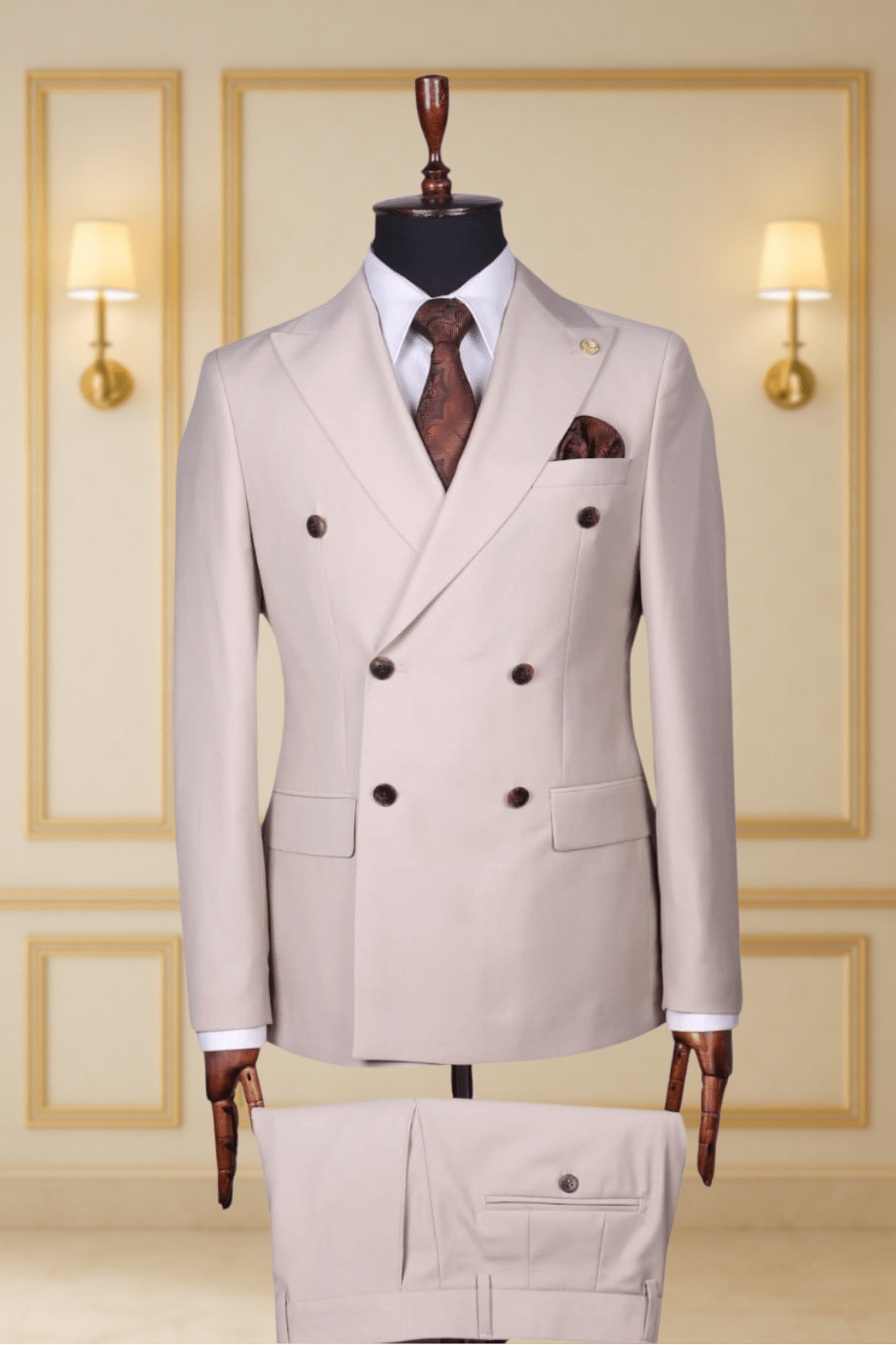 Light Beige 6 Button Double Breasted Suit