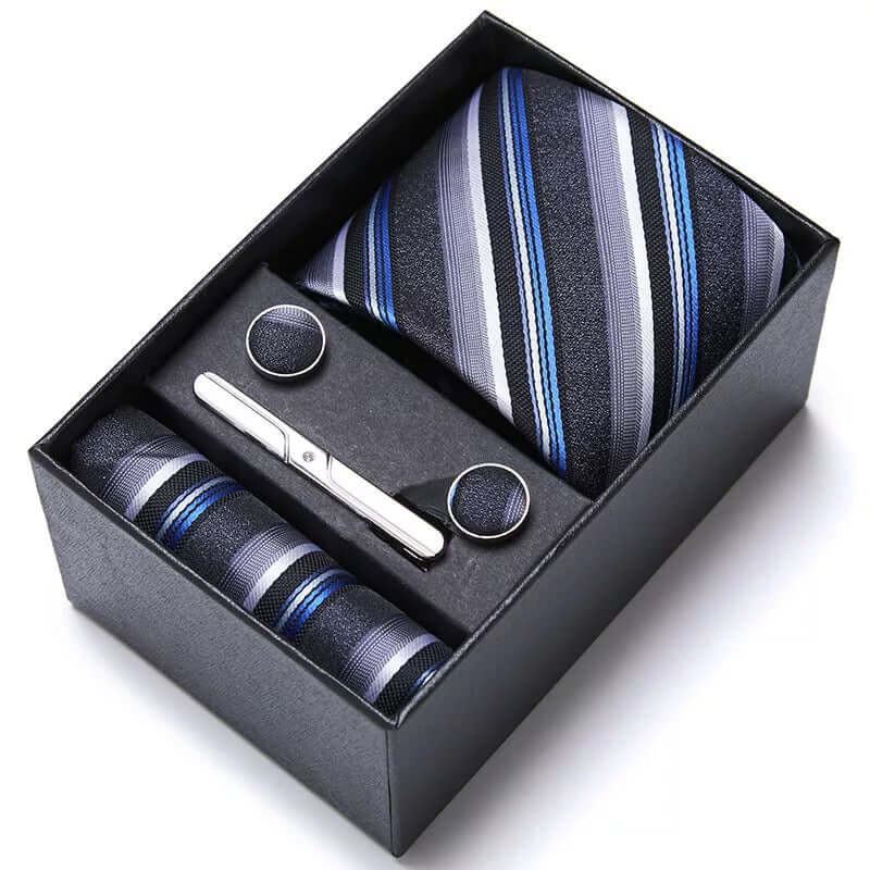 Coffret Cravate de luxe pour hommes : Cravate, pince, pochette et boutons manchettes