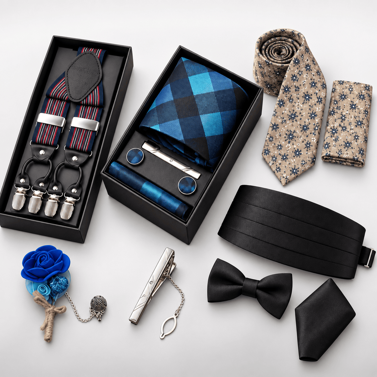 Accessoires élégants pour homme MOUBARAK SHOP : coffret cravate, cravate et pochette, bretelles, nœud papillon, broche et pince à cravate.