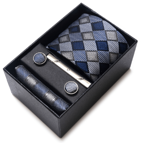 Coffret Cravate Carreaux Bleu et Argent CRV72