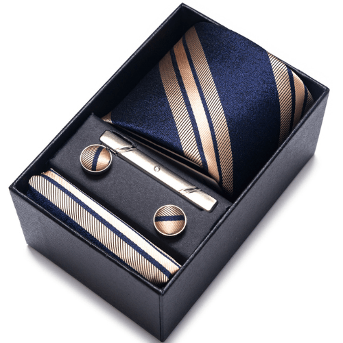 Coffret Cravate Rayures Bleu Marine et Or CRV91 COFFRET CRAVATE MOUBARAK SHOP