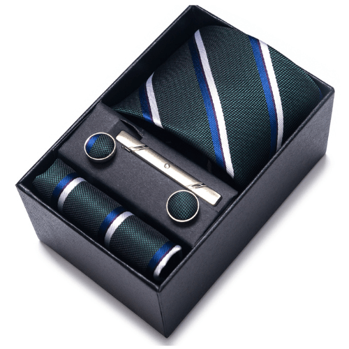 Coffret Cravate Rayures Vert Forêt et Bleu CRV82 COFFRET CRAVATE MOUBARAK SHOP