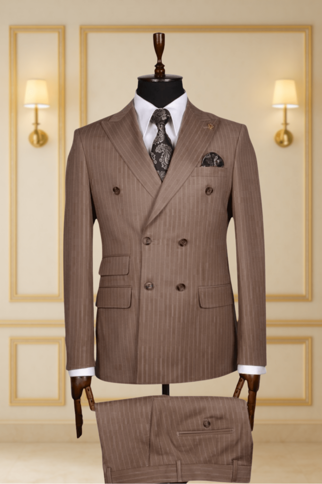 COSTUME CROISÉ MARRON MOTIF RAYÉ 3 COSTUMES CROISÉS MOUBARAK SHOP