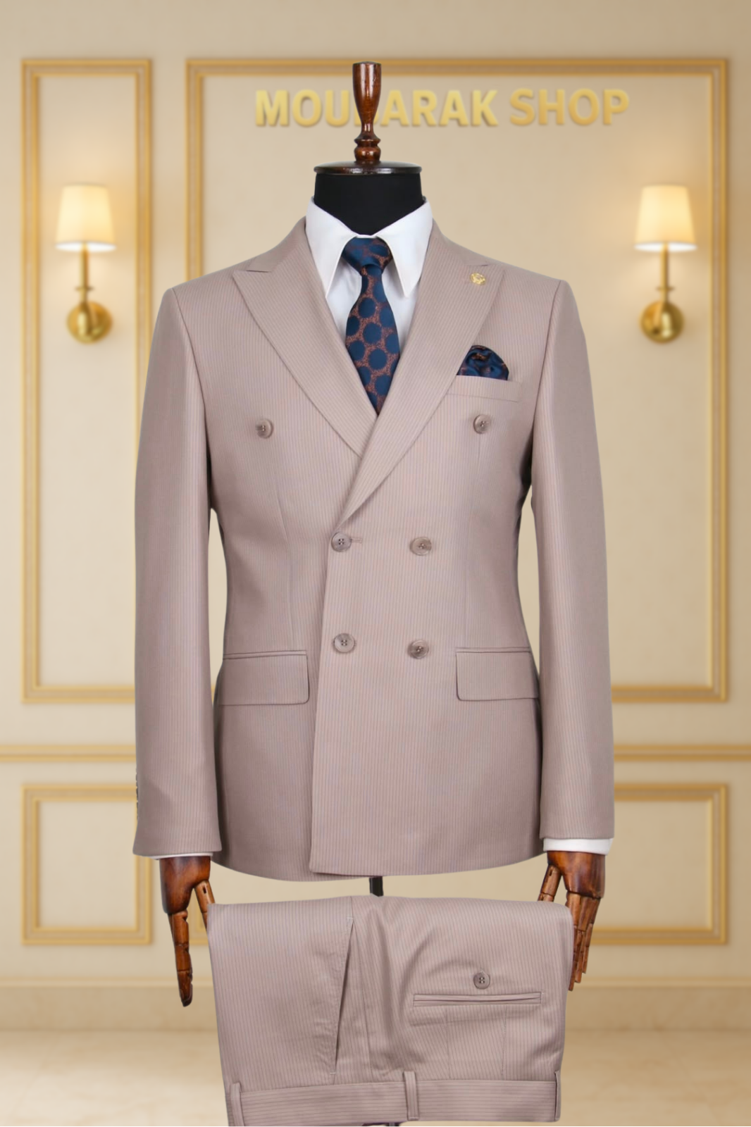 Costume Homme Croisé 6 Boutons Beige à Fines Rayures Bleues V.I.P