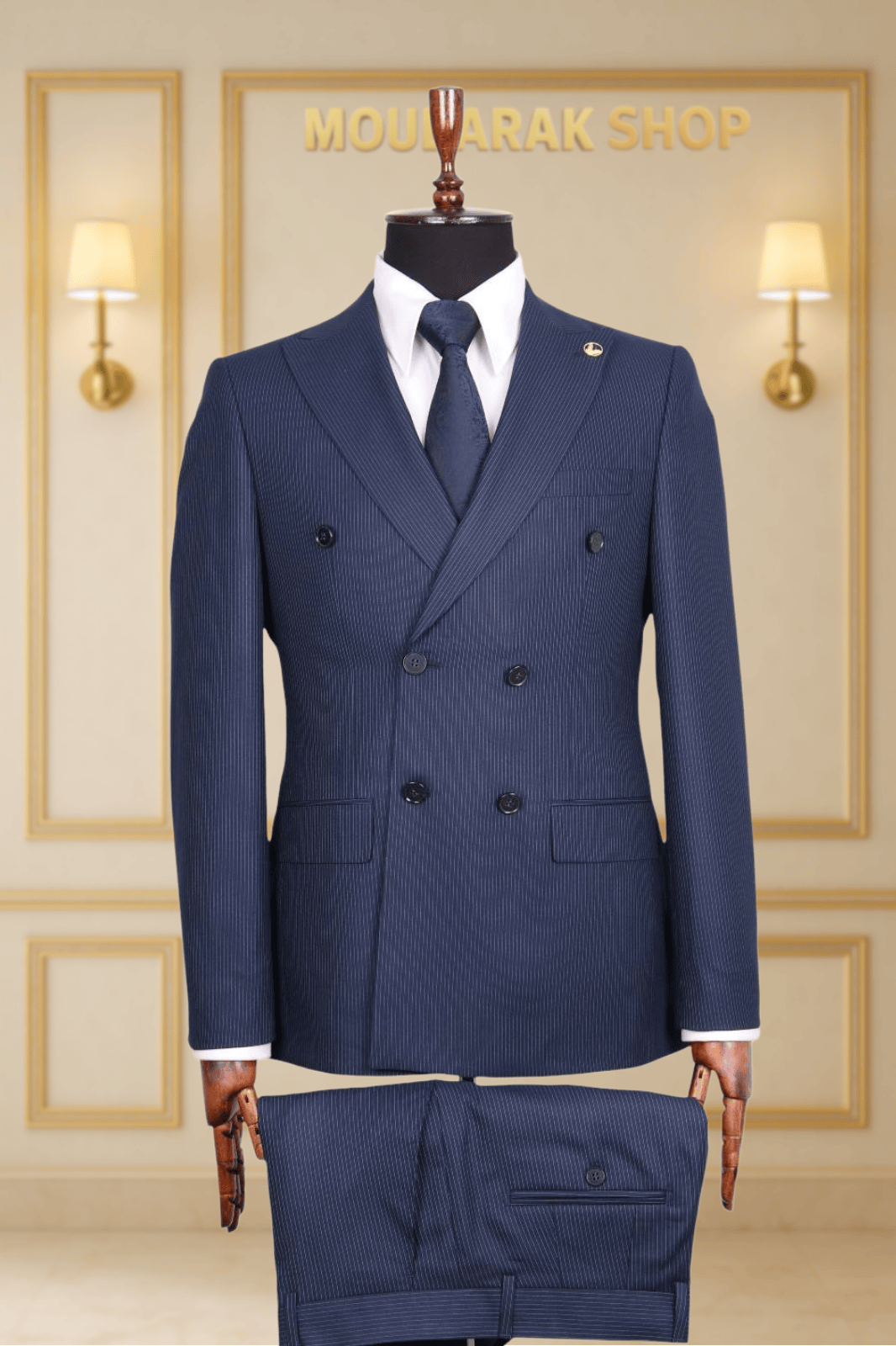 Costume Homme Croisé 6 Boutons Bleu Nuit à Fines Rayures V.I.P COSTUMES CROISÉS MOUBARAK SHOP