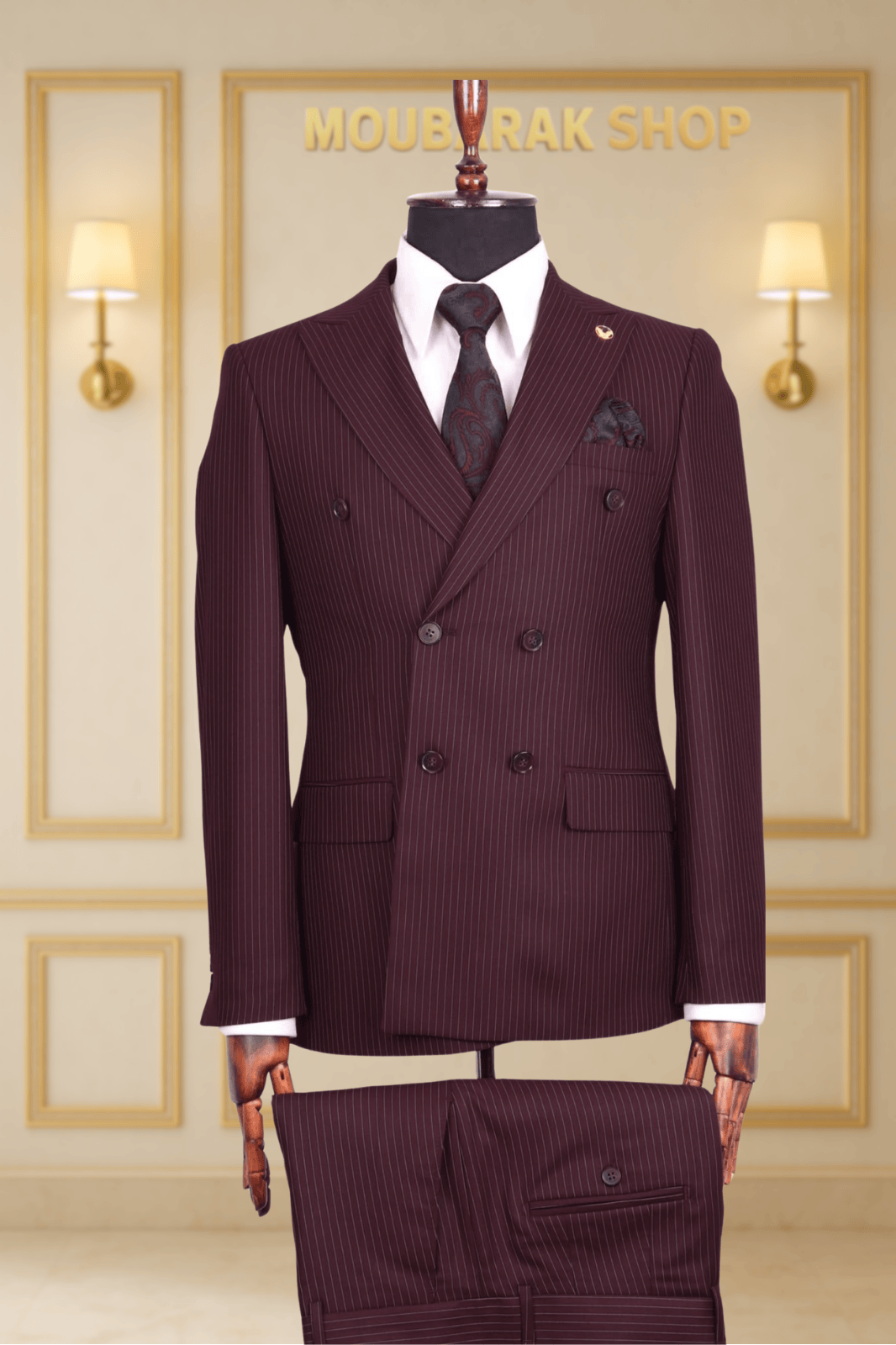 Costume Homme Croisé 6 Boutons Bordeaux à Fines Rayures V.I.P COSTUMES CROISÉS MOUBARAK SHOP