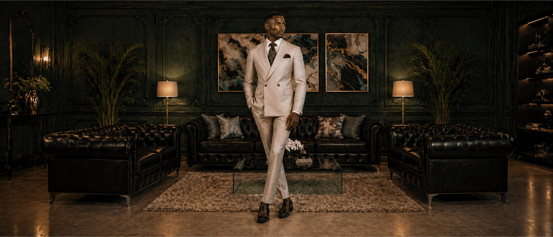 Costume croisé deux boutons beige moubarak suits