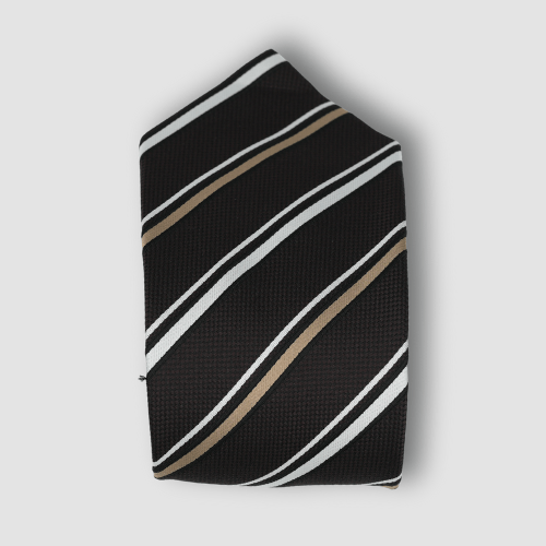 Cravate Marron à Rayures Blanches et Beige Doré CV00054
