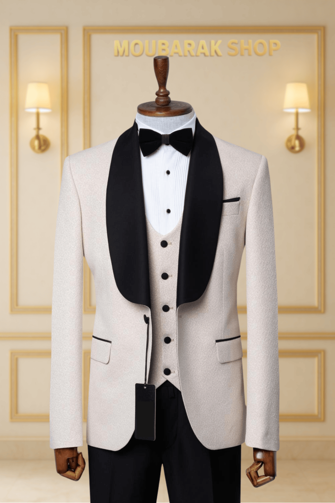 Smoking Beige Clair et Noir 3 Pièces avec Revers Châle Satiné SMOKINGS MOUBARAK SHOP