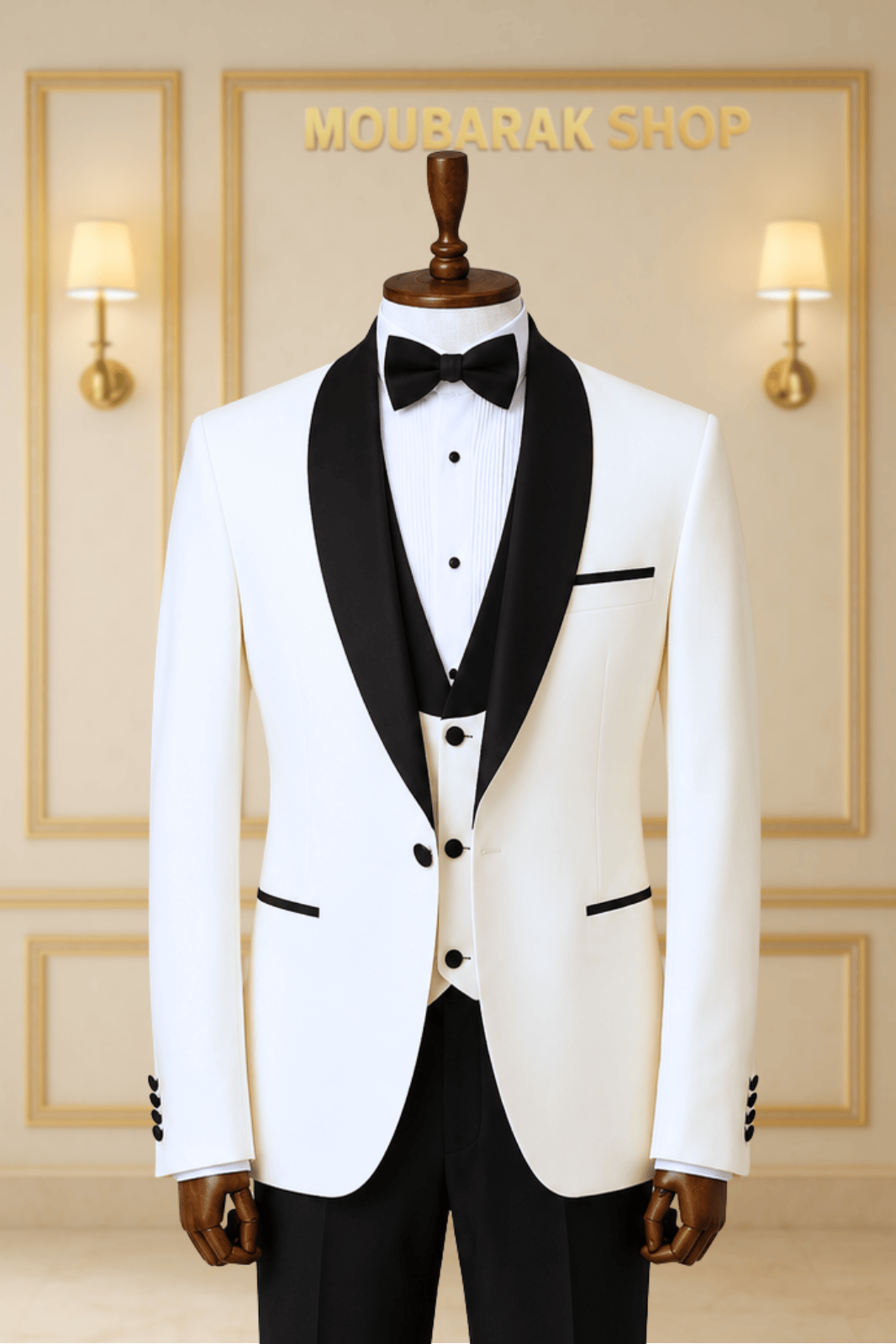 Smoking Blanc et Noir 3 Pièces avec Revers Châle Satiné SMOKINGS MOUBARAK SHOP