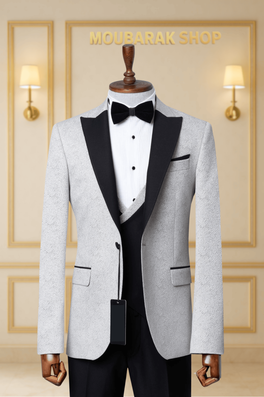 Smoking  Blanc Jacquard et Noir 3 Pièces avec Revers Satinés SMOKINGS MOUBARAK SHOP