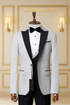 Smoking  Blanc Jacquard et Noir 3 Pièces avec Revers Satinés SMOKINGS MOUBARAK SHOP