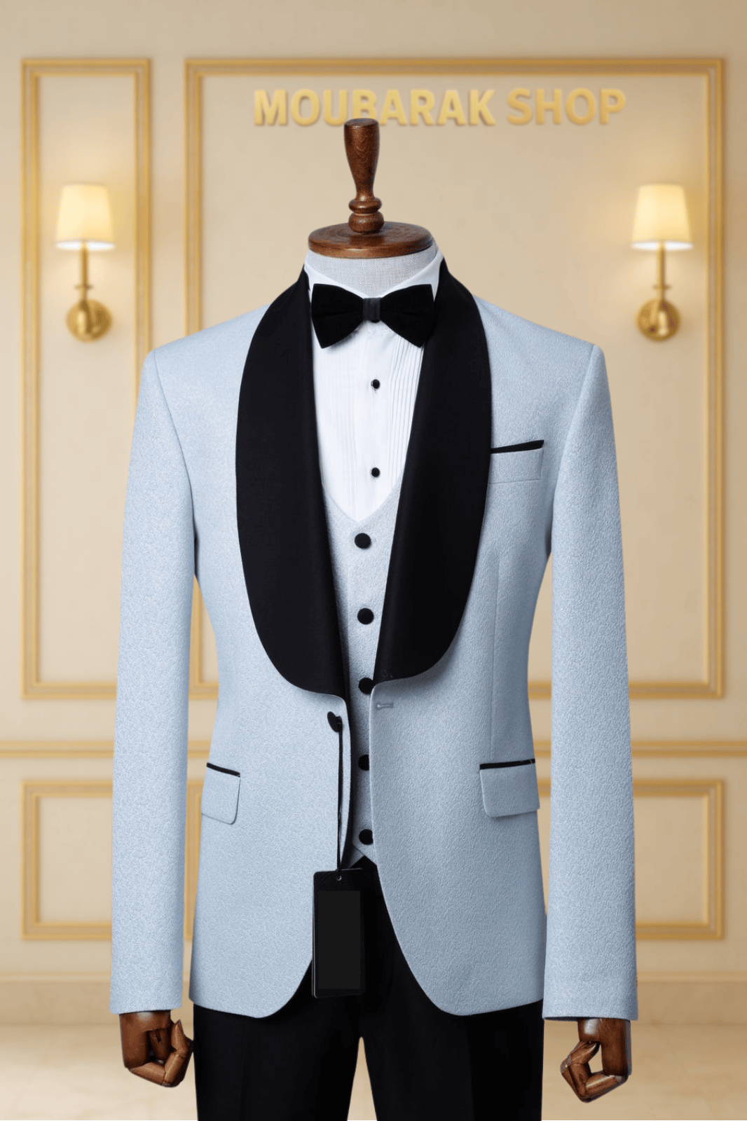 Smoking Bleu Ciel et Noir 3 Pièces avec Revers Châle Satiné SMOKINGS MOUBARAK SHOP