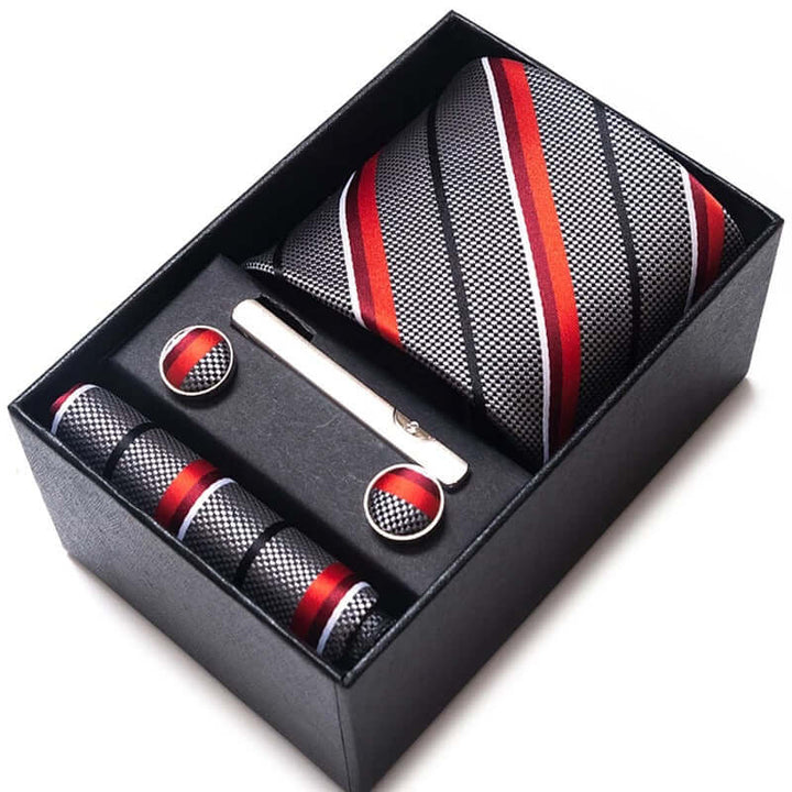 Coffret Cravate de luxe pour hommes : Cravate, pince, pochette et boutons manchettes