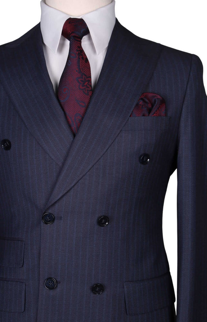 Grey Striped Double Breasted Suit 6 Buttons