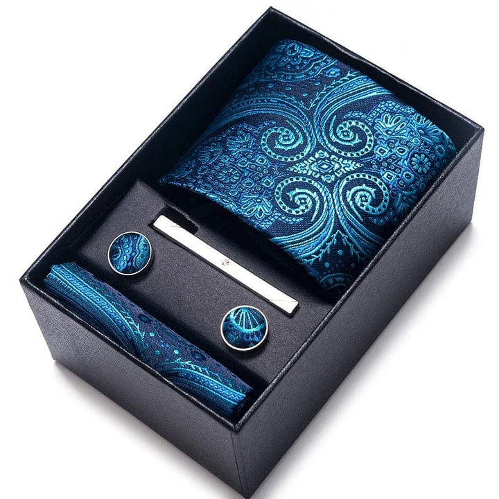 Coffret Cravate de luxe pour hommes : Cravate, pince, pochette et boutons manchettes COFFRET CRAVATE MOUBARAK SHOP