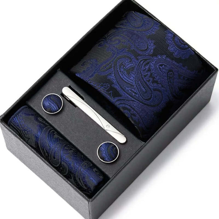 Coffret Cravate de luxe pour hommes : Cravate, pince, pochette et boutons manchettes COFFRET CRAVATE MOUBARAK SHOP