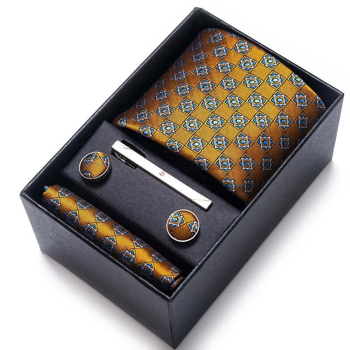 Coffret Cravate de luxe pour hommes : Cravate, pince, pochette et boutons manchettes COFFRET CRAVATE MOUBARAK SHOP