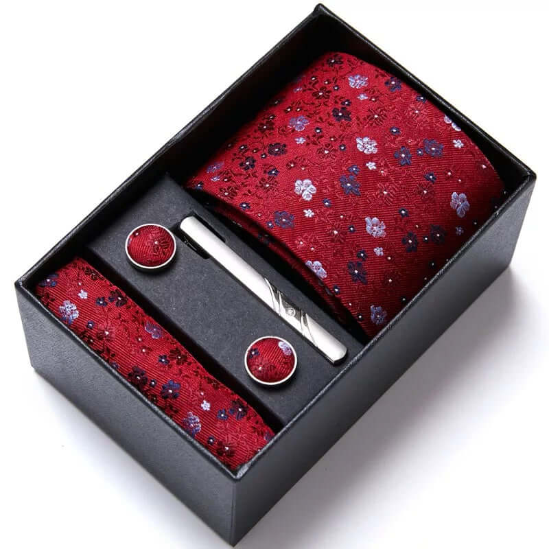 Coffret Cravate de luxe pour hommes : Cravate, pince, pochette et boutons manchettes COFFRET CRAVATE MOUBARAK SHOP