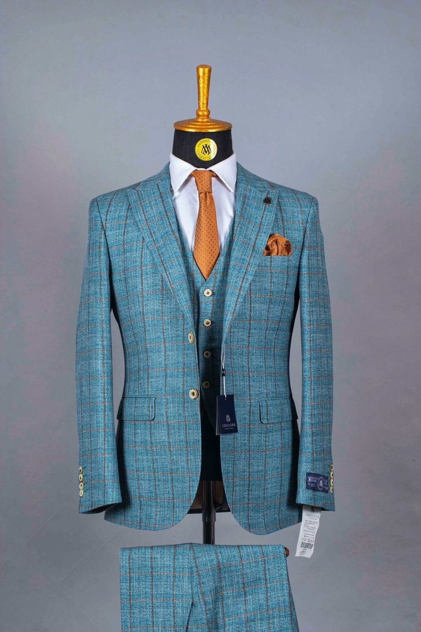Costume 3 Pieces Bleu Maya Motif Carreaux