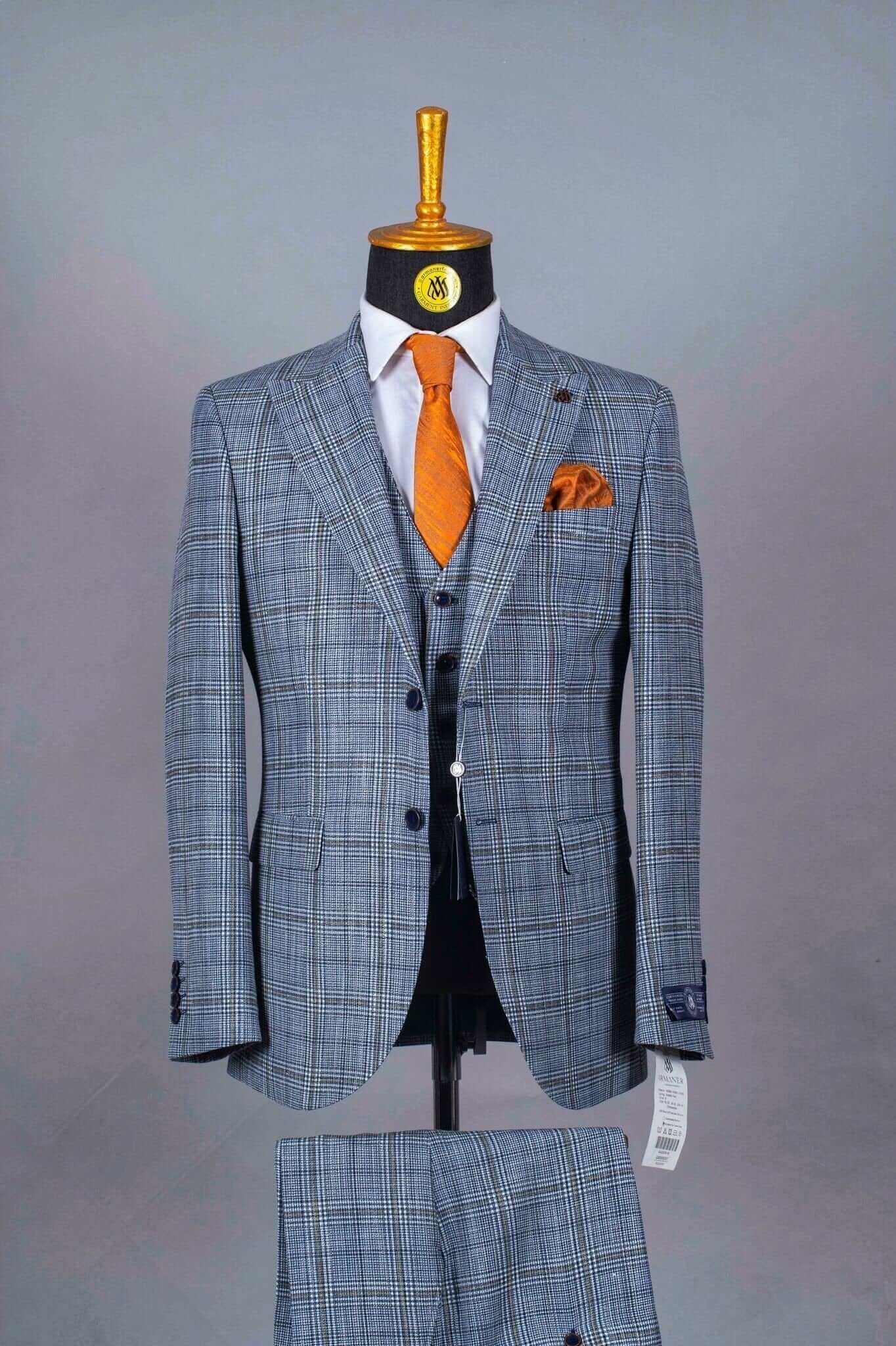 Costume 3 Pieces Bleu Motif Carreaux