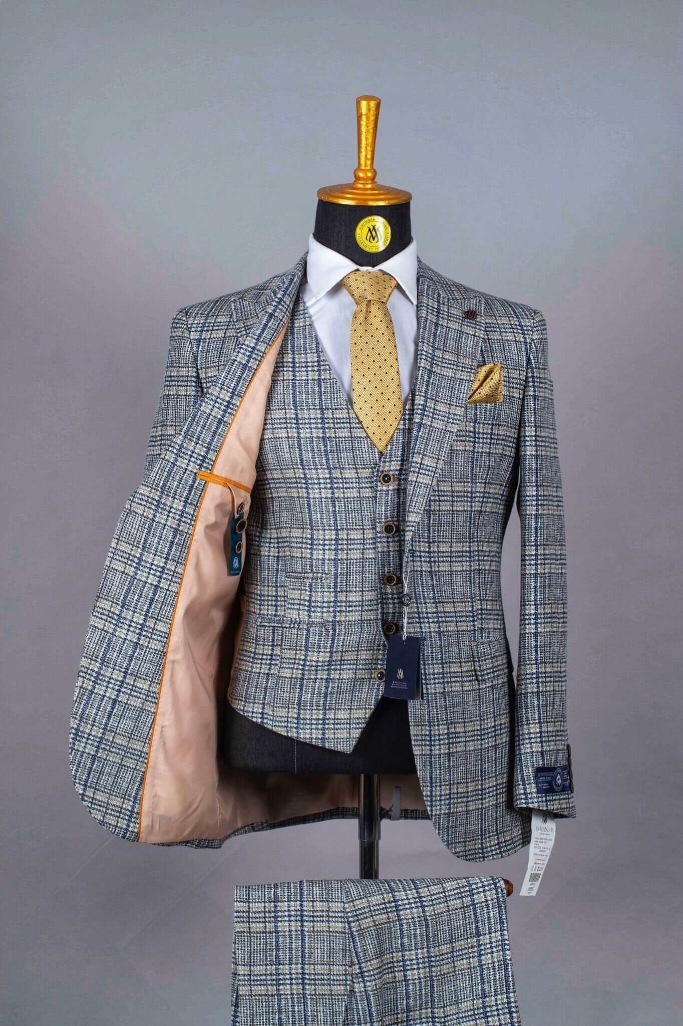 3 Piece Grey Blue Checkered Suit