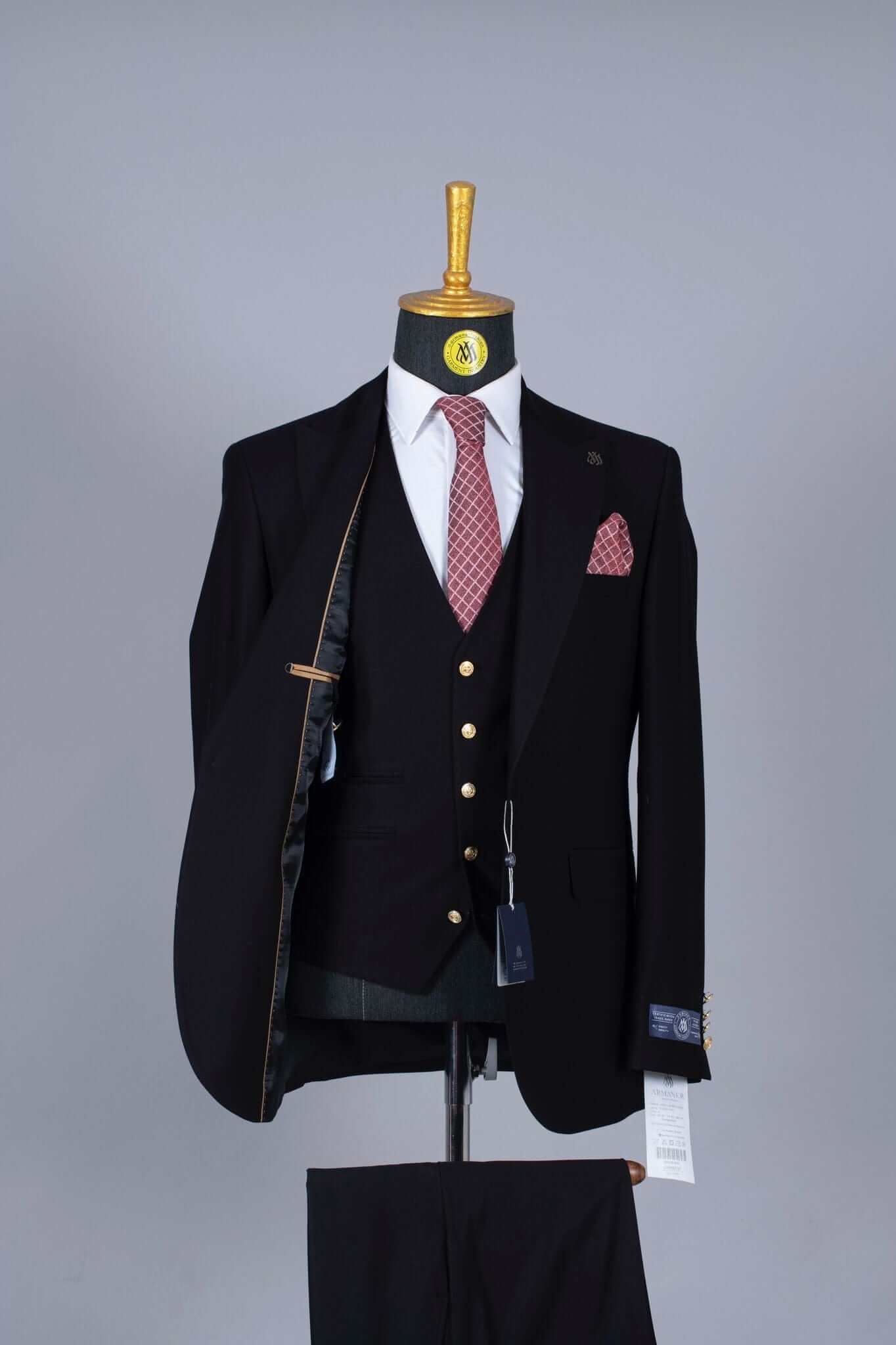 Costume 3 Pieces Noir Boutons Dorés