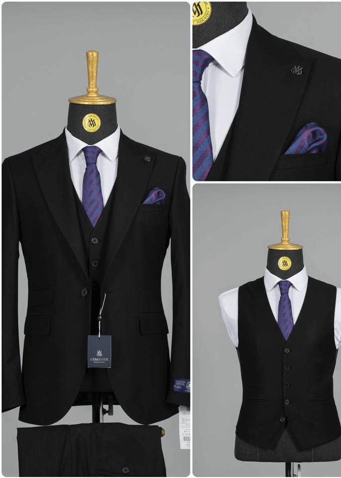 3 Piece Suit Black Plain