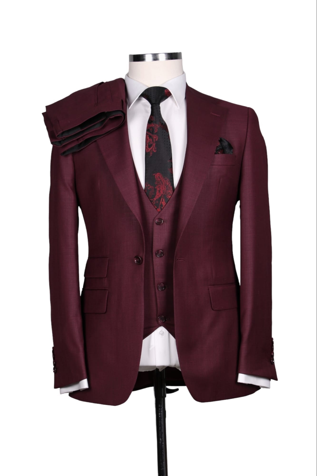 Costume 3 Pieces Rouge Bordeaux Un Bouton