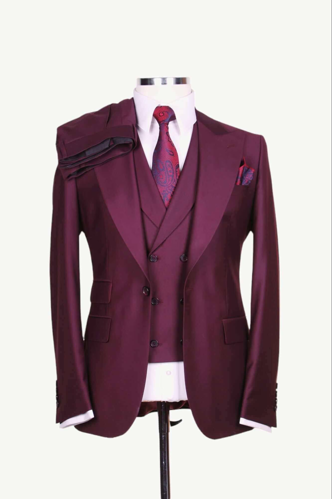 Costume 3 Pieces Rouge Bordeaux Un Bouton