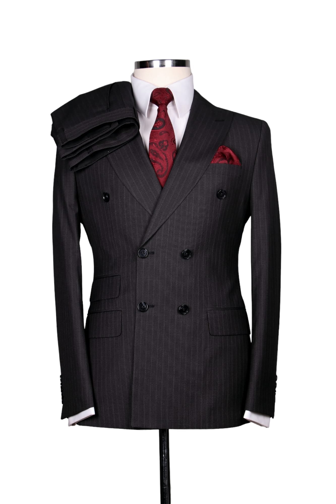 Grey Striped Double-Breasted Suit with 6 Buttons
